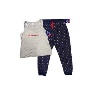 Champion Womens Sleep Set Gray Tank Navy Logo Pants Joggers Sz XL